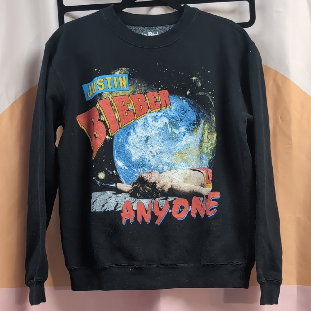 Justin Bieber Black Crewneck Sweater with Retro Graphic